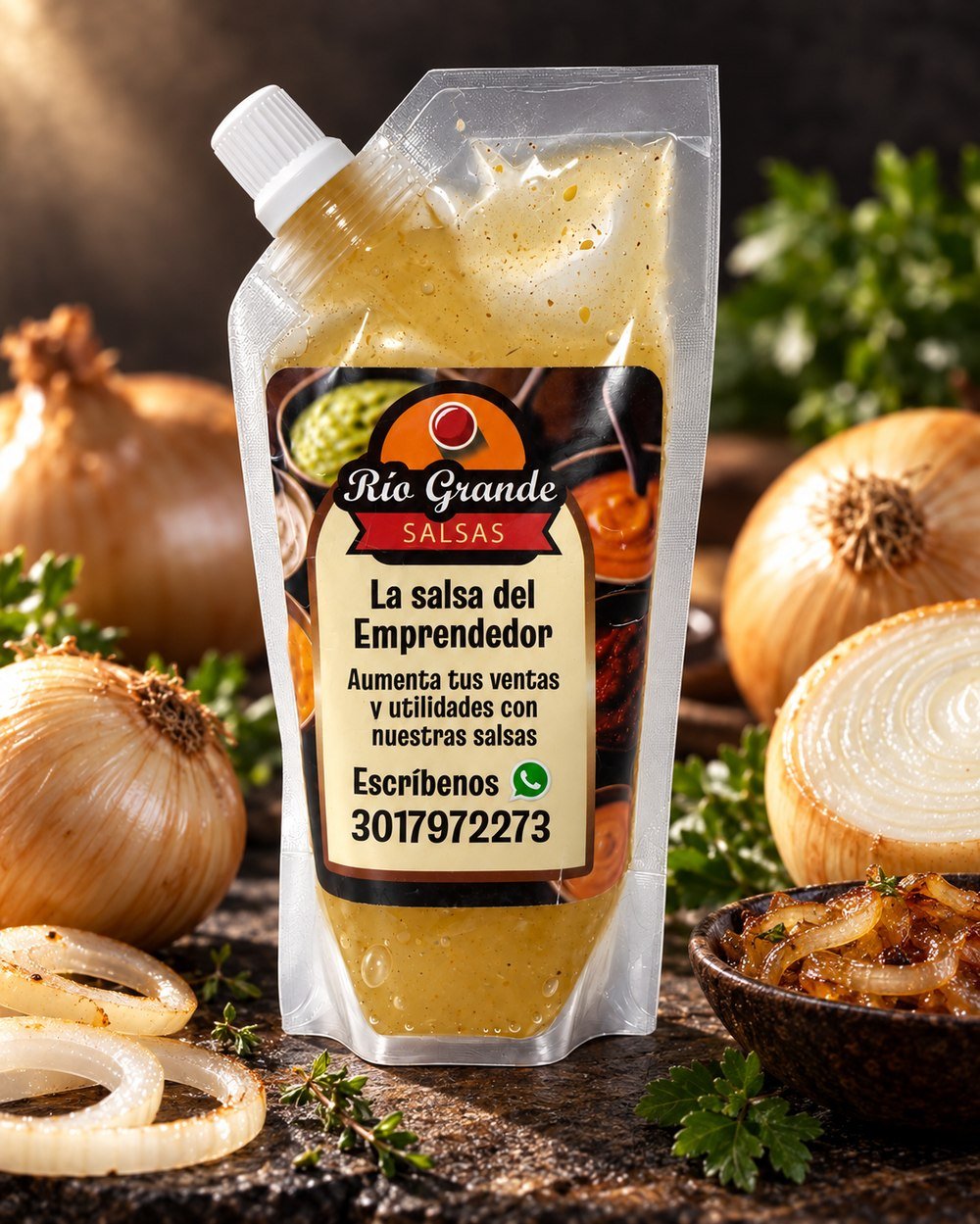 Salsa Cebolla Dulce Río Grande junto a cebollas