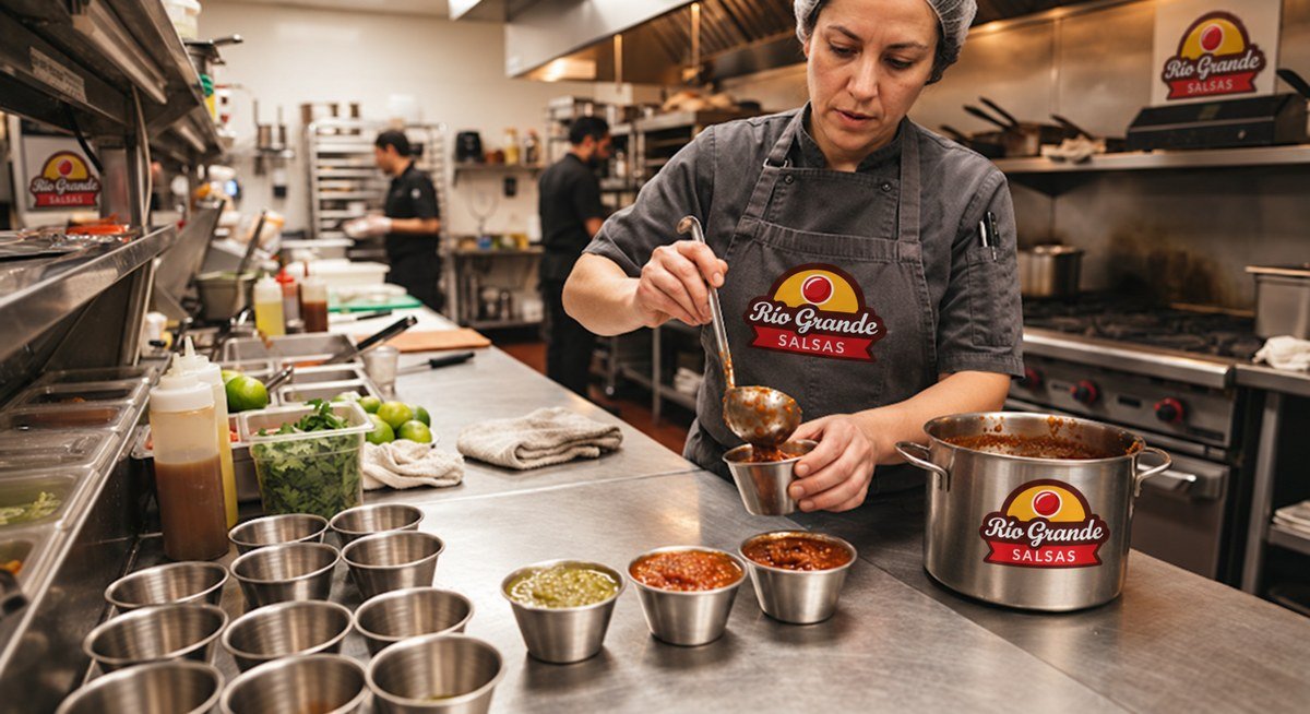 Chef de cocina profesional sirviendo salsa Río Grande en recipientes de acero para servicio
