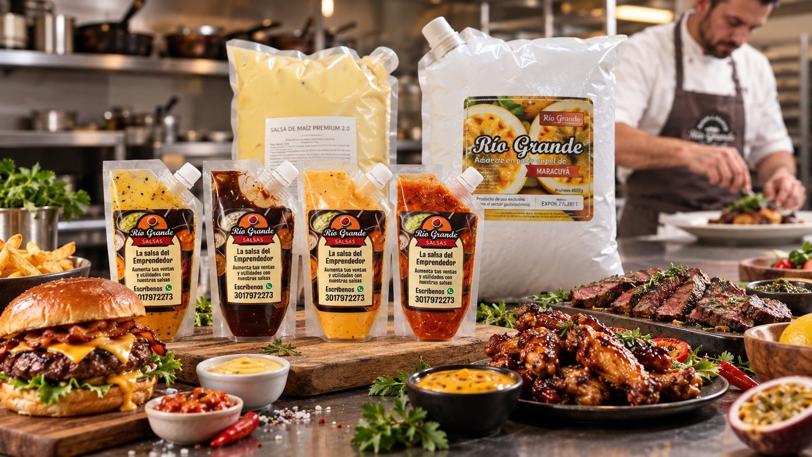 Salsas Río Grande en cocina profesional con chef y platos gourmet listos para servir
