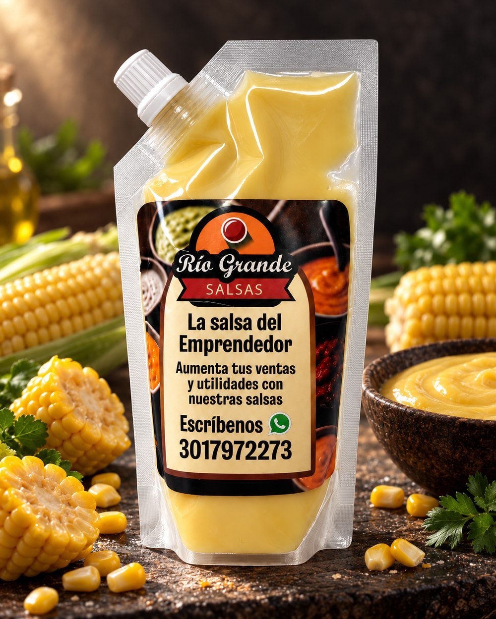 Salsa Maíz Premium 2.0 Río Grande junto a mazorcas de maíz