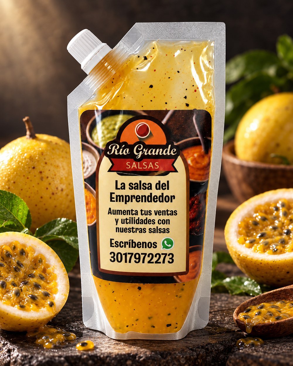 Salsa Maracuyá Dulce Río Grande junto a maracuyá fresco
