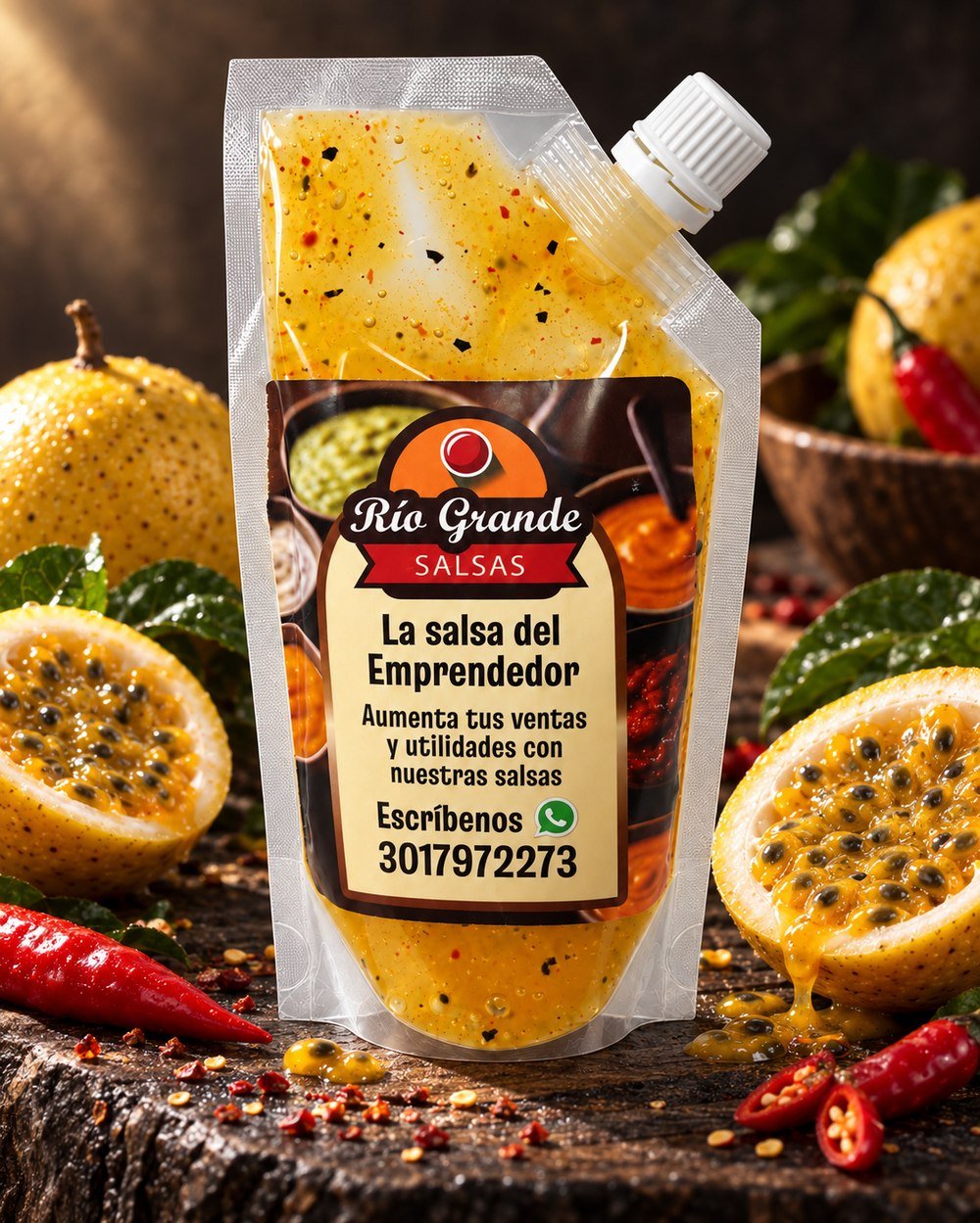 Salsa Maracuyá Picante Río Grande junto a ají fresco