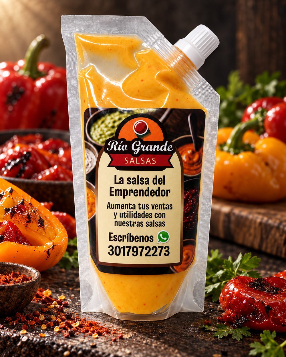Salsa de Pimentón Río Grande junto a pimentones asados