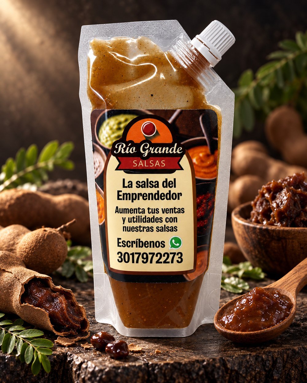 Salsa Tamarindo Río Grande junto a vainas de tamarindo